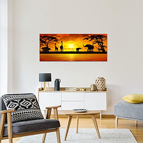 Runa Art Wandbild Afrika Sonnenuntergang 1 Teilig 100 x 40 cm Modern Bild auf Vlies Leinwand Giraffe Elefant Wohnzimmer Schlafzimmer Orange 000212a