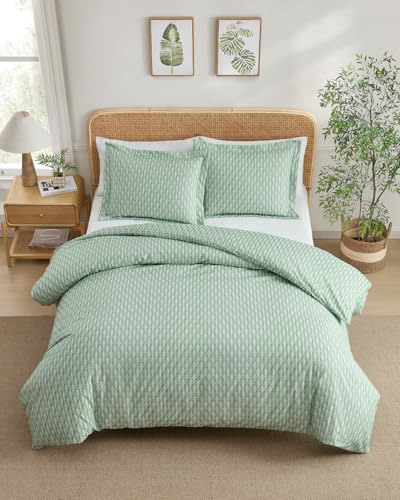 Image of Duvet Cover King Size Set - Extra Soft Floral Duvet Cover 104 x 90 with 2 Pillow Shams - Comfy, Cozy, Breathable Floral Bedding Set - Hotel Luxury & Fade Free w / Zipper Closures and Ties - Sage Palms