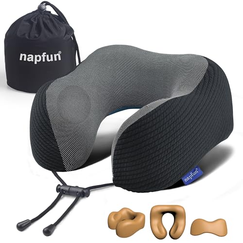 Image of napfun Neck Pillow for Traveling, Upgraded Travel Neck Pillow for Airplane 100% Pure Memory Foam Travel Pillow for Flight Headrest Sleep, Portable Plane Accessories, Charcoal Black