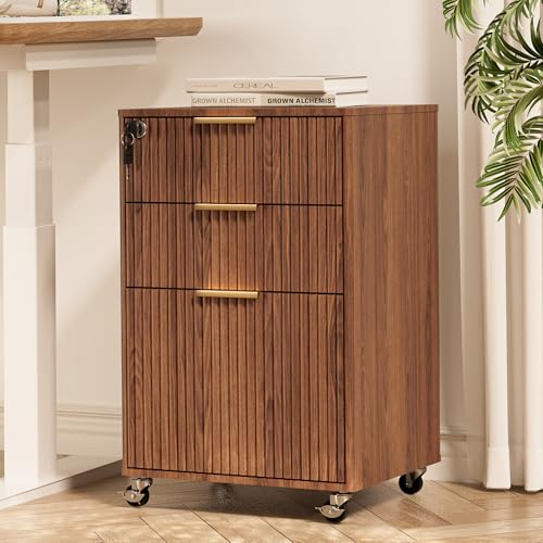 Image of 3 Drawers Fluted Mobile File Cabinet with Lock, Rolling File Cabinet Printer Stand Table, Under Desk Wooden Filing Cabinets for Home Office Essentials Storage Organization Furniture Letters /A4(Walnut)