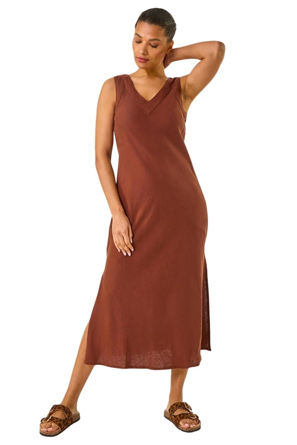 Roman - Women's Midi Dress - Linen Blend - Chocolate - Size 20