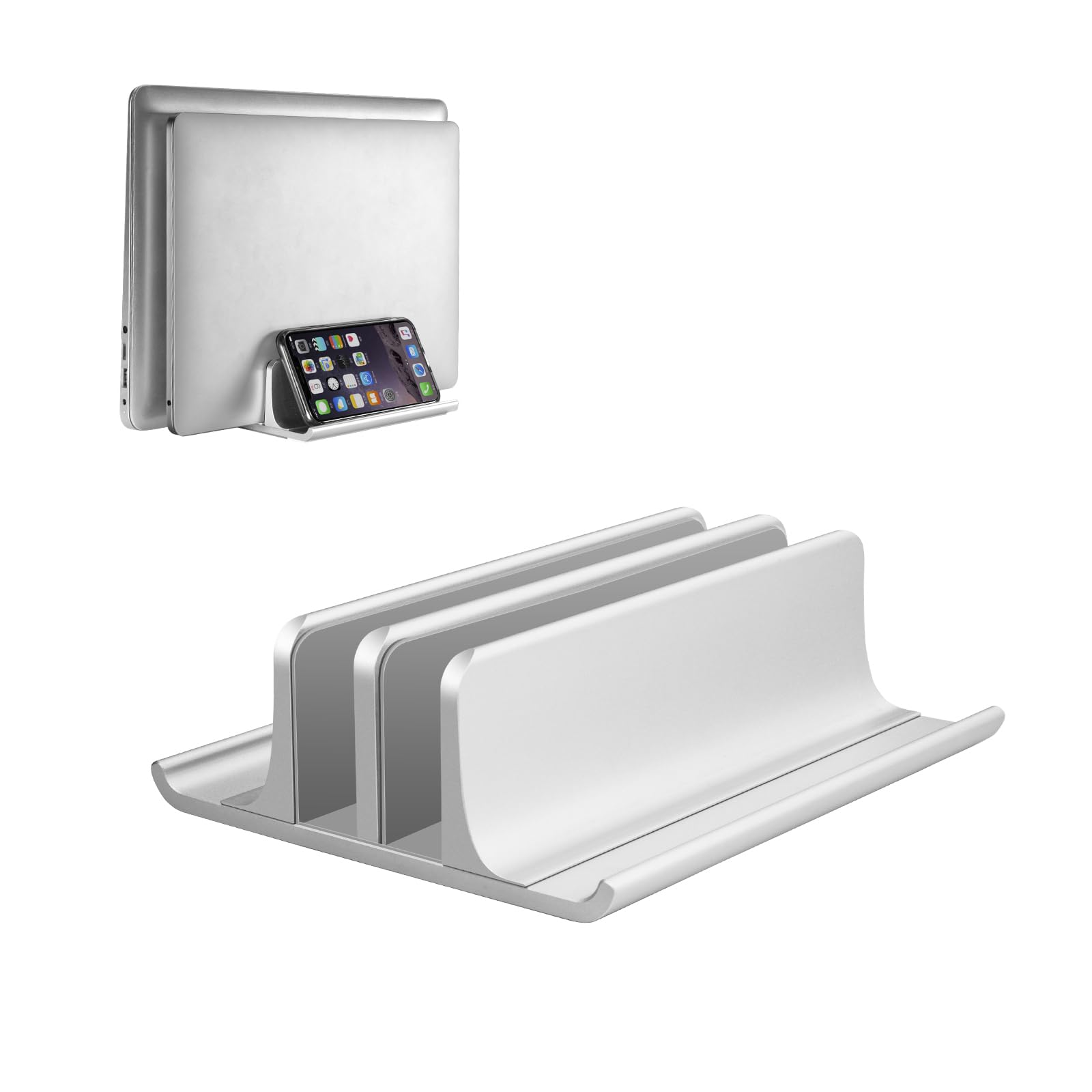 VAYDEERAdjustable Vertical Laptop Stand - Aluminum 4 in 1 With 2 Slots, Space-saving for MacBook, Notebook, iPad, Laptops up to 17.3 Inches - Silver