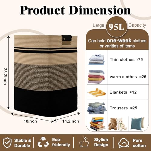 Image of Laundry Hamper, 95L Tall Laundry Basket with Leather Handles, Rectangle Large Clothes Hamper for Organizing, Cotton Woven Laundry Baskets Storage Hampers for Bedroom, Nursery, Living Room