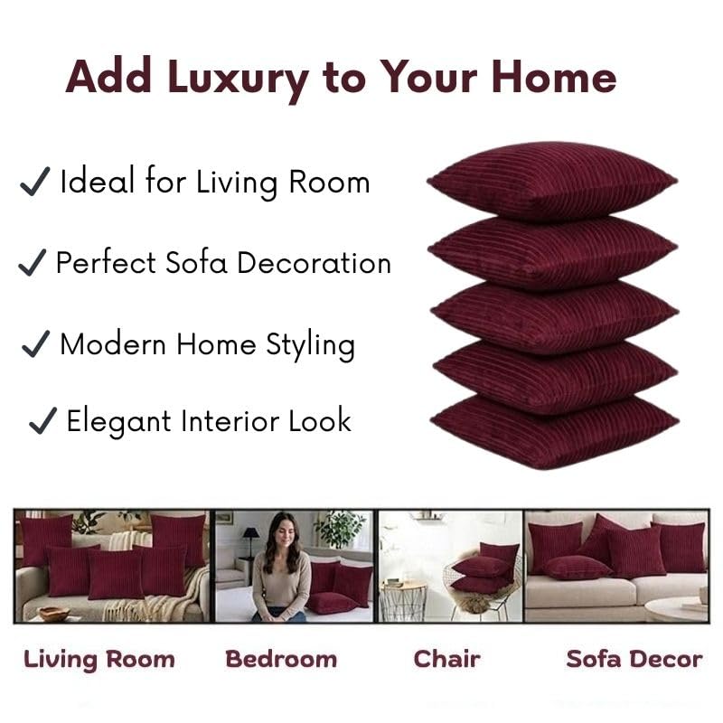 Image of RD TREND Cushion Cover Set of 5, Decorative Sofa Living Room Home Square Cushion Covers 18 Inch x 18 Inch, Aesthetic Corduroy Striped Double Sided (Marron,Pack of 5)