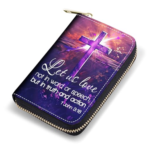 FQTBCEARI Credit Card Holder, RFID Blocking Small Leather Card Wallet for Women, Credit Card Wallet Organizer, Pocket Business Card Case with Zipper, Cross Quote Bible Verse 1 John 3:18