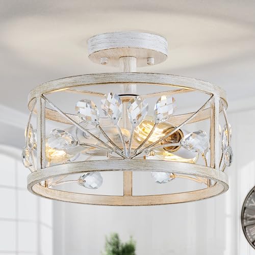 WUZUPS Lampadario a foglia di cristallo 3 luci Vintage Farmhouse Plafoniera industriale semi-incasso Apparecchio di illuminazione moderno Foyer Corridoio Ripostiglio Cucina Bagno, Bianco antico