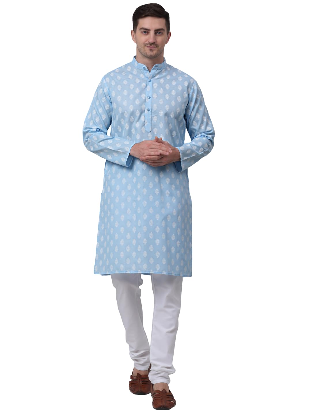 Jompers Men's Cotton Floral Printed Kurta Pyjama Set. (Sky, Xl)