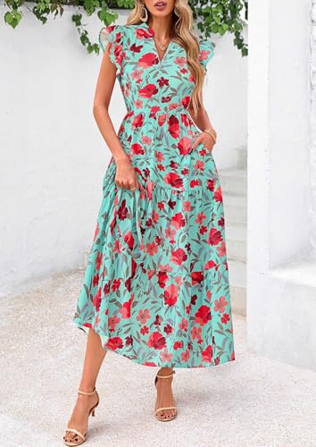 Image of PRETTYGARDEN Women's 2026 Summer Floral Midi Dress Cap Sleeve V Neck Ruffle Long Flowy Boho Casual Beach Vacation Dresses