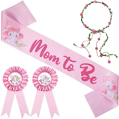 Chunful Elephant Theme Baby Shower Sash Mom to Be Sash and Dad to Be Pin Flower Crown for Gender Reveals Party Baby Shower Party Favors Decorations for Boys and Girls Pregnancy Props Gift (Pink)