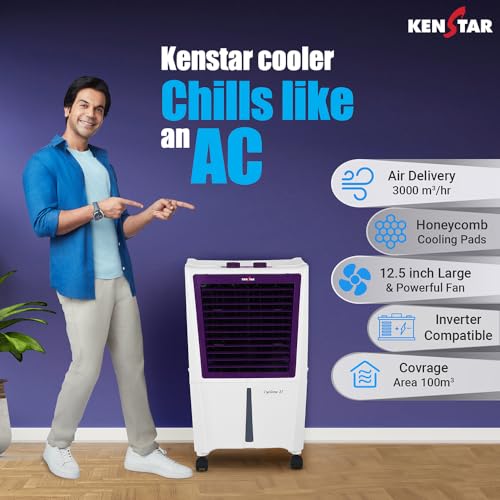 Image of Kenstar CYCLONE HC 27 L Room /Personal Air Cooler For Home| Honeycomb Pad |High Speed Fan |35 Ft Powerful Air Throw|Inverter compatible |Portable Cooler-Room|1-Yr Product Warranty|White & Purple
