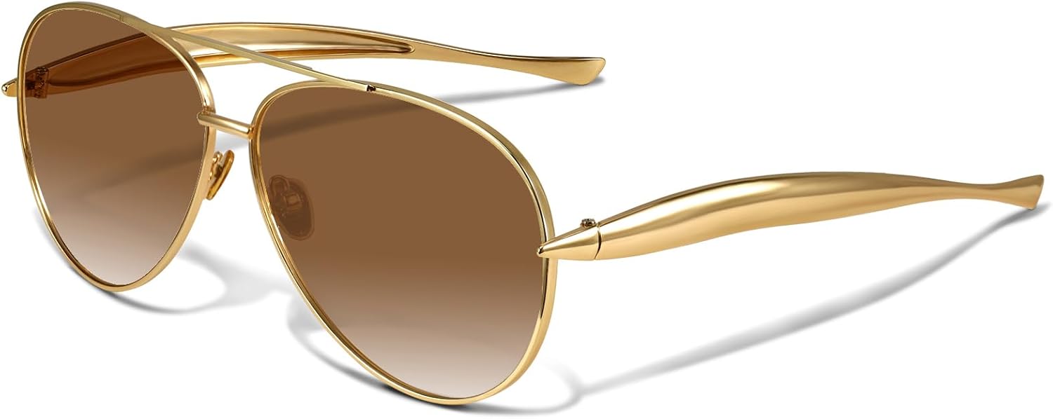YDAOWKN Retro Gold Aviator Sunglasses for Women Men, Metal Oversized 70s Aviators Sun Glasses
