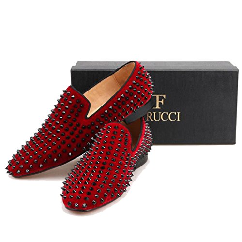 FERUCCI Men Burgundy Velvet Slippers Loafers Flat with Black Spikes4