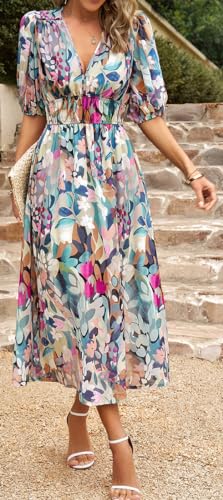 Image of Sister Amy Women's Boho Floral Print Square Neck Beach Party Flowy Ruffle Midi Dress
