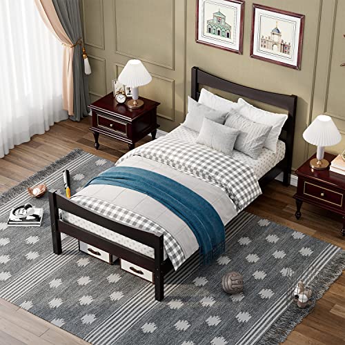 Nafort Twin Size Wood Bed Frame/Twin Platform Bed Frame With Headboard And Footboard, Bed Frames For Boys Girls, Pine Wooden Mattress Foundation, No Box Spring Needed - Espresso #TOP2