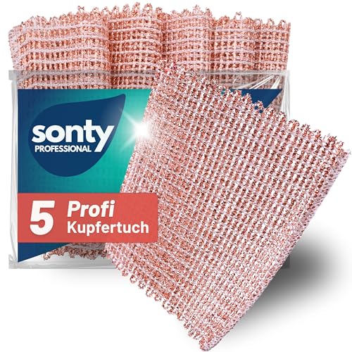 Sonty Kupfertuch kratzfrei 5 Stück – Öko Kupferlappen aus Österreich ohne Chemie | Kupferschwamm für Küche, Bad und Haushalt | Kupfertücher für Ceranfeld, Edelstahl Pfannen, Töpfe | waschbar 15x15 cm