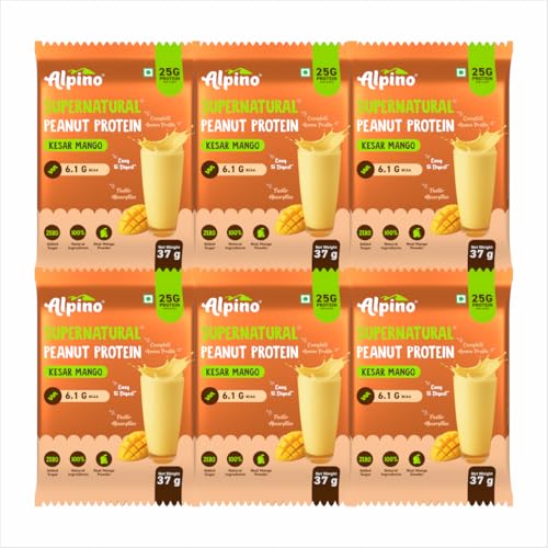 Image of Alpino Supernatural Peanut Protein Powder Kesar Mango 222g (37g x Pack of 6) - 25g Plant Based Protein, 6.1g BCAAs, No Added Sugar, Vegan