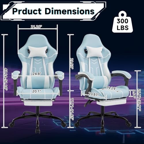 Image of Gaming Chair with Footrest for Home Office - High Back Computer Chair with Headrest and Lumber Support, Ergonomic Height Adjustable Leather Game Chairs (White+Blue)