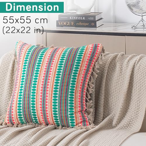 Image of HOKIPO 'Artisan Boho Series' Sofa Cushion Covers | 450 GSM Cotton Acrylic Jacquard | Tassel Design | 22x22 Inch (55x55 cm) | Pack of 2, Mint Green (IN-906-A7*2)