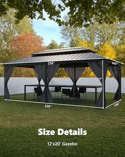 Hardtop Gazebo 12'x20' for All Weather, with Double Metal Roof, Aluminum Alloy Frame, Net, and Curtain, Permanent Building for Patio, Deck, Backyard, Lawn, and Garden, Gray