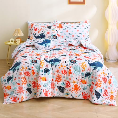 Mooreeke Full Size Comforter Sets for Kids, 8 Pieces Bed in a Bag Under The Sea Party Bedding Comforter Sheet Set with Shams and Decorative Toy Pillow, Ultral Soft Microfiber Kids Bed Set