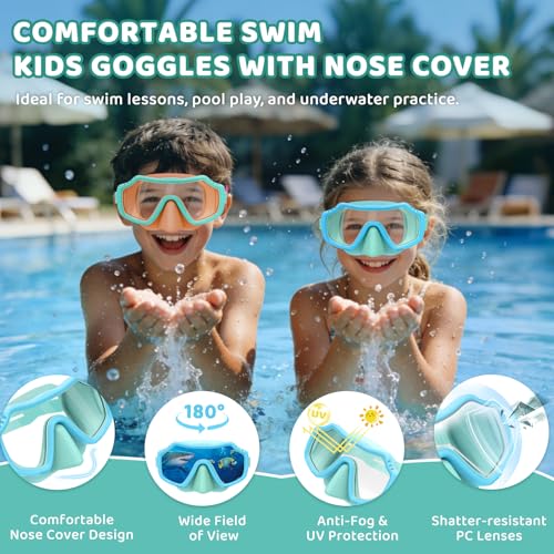 Vvinca 2 Pack Kids Swim Goggles with Nose Cover for Boys Girls 3-15, Anti Fog Diving Mask with Shatterproof Safety Lens for Toddler, Waterproof Swimming Goggles Value Set for Beach & Pool Beach by Vvinca - Used condition - Image 2