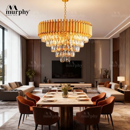 Image of Murphy Radiance 600mm Golden Crystal Pendant Light | Modern Round Ceiling Chandelier for Living Room, Bedroom & Hall (Antique Gold, 3-in-1 LED Plate - Warm White, Natural White, Cool White, Pack of 1)