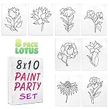 8 Pack Lotus Flower Canvas Painting | Pre Drawn Stretched Cotton Canvas | Birthday Gift | Adult Sip