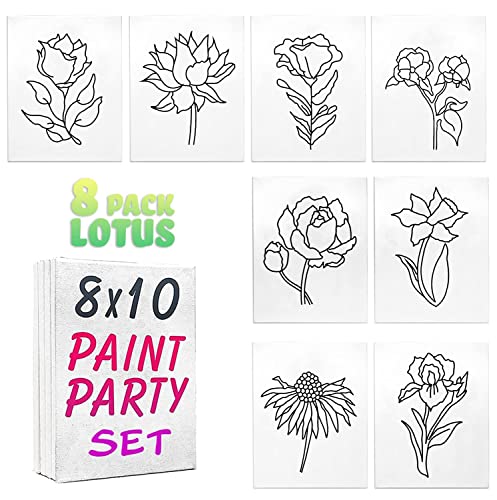 8 Pack Lotus Flower Canvas Painting | Pre Drawn Stretched Cotton Canvas | Birthday Gift | Adult Sip And Paint Therapy Party Favor | 8 Pack, Canvas Only (8X10 Inches) #TOP17