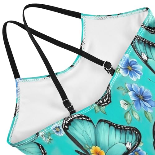 Kids Swim Suits Beach Bathing Suit 3-10 Y with Adjustable Shoulder Strap, Turquoise Butterflies Flowers Wings4