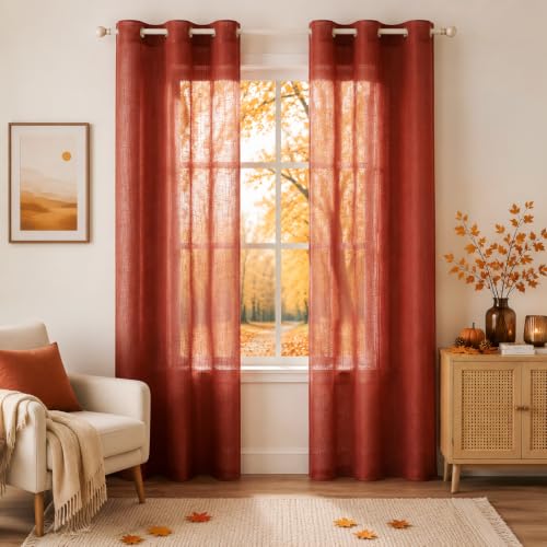 Woaboy Lot de 2 Rideaux en Lin Translucides Voilage à Oeillets Rideaux et Draperies Intérieurs Modernes pour Chambre Fenêtre Salon Coucher 140x245 cm Rouge Brique