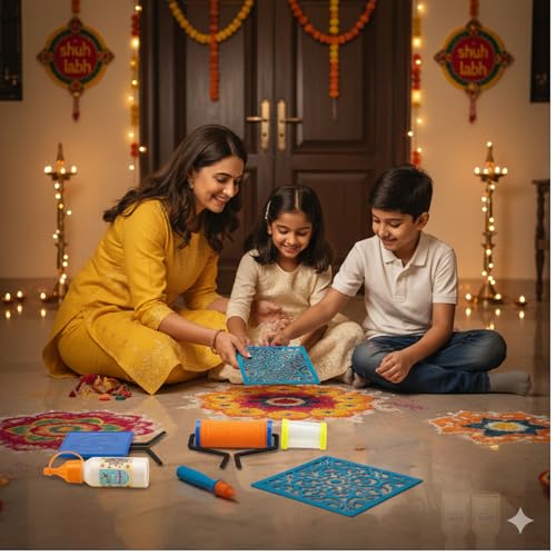 Image of TOTA DIY Rangoli making Tool Kit for Diwali Pooja and Home Decor - 2 Rangoli Squeeze Bottles, 1 Assorted Stencil, 1 Magic Rangoli Filler, 1 Rangoli Pen, 1 Rangoli Stencil Roller