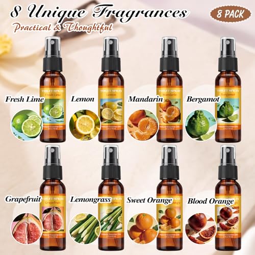 Image of 8 Pcs Toilet Spray Bathroom Odor Eliminator 2oz Air Freshener,Brown,Fruit | Lime, Lemon, Bergamot, Mandarin, Lemongrass, Grapefruit, Sweet Orange, and Blood Orange.