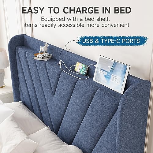 Image of koorlian Queen Bed Frame with Headboard, Adjustable Upholstered Platform Bed Frame with Type-C&USB Ports, Wingback Storage Headboard, Solid Wood Slats Support, No Box Spring Needed, Dark Blue