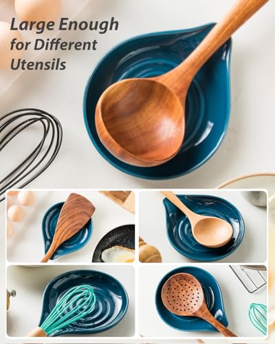 Image of LAUCHUH Spoon Rest for Stove Top, Ceramic Spoon Holder for Kitchen Counter Large Spatula Holder for Ladles, Tongs, Farmhouse Kitchen Decor, Heat-Resistant, Set of 2, 5 inch, Blue