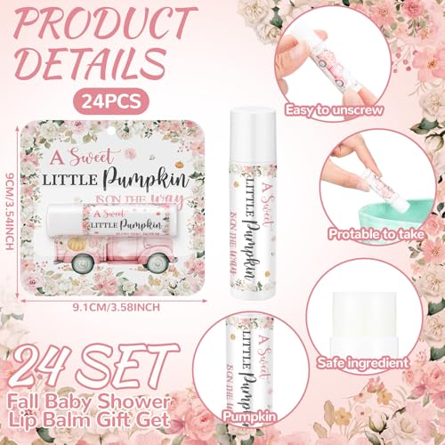 Image of 24 Pcs Little Pumpkin Lip Balms Bulk Fall Pink Truck Lip Care Moisturizer Baby Shower Party Supply for Guest Gift Set Travel Size Lipstick Autumn Thanksgiving First Birthday Favors Decorations