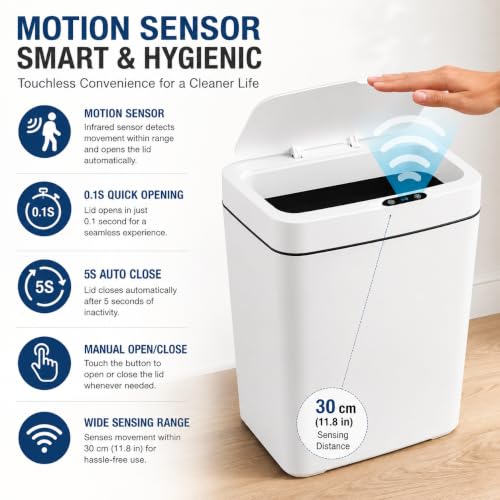 Image of Zollyss Sensor Dustbin for Home 15L Automatic Motion Touchless Smart Sensor Dustbin with Infrared Auto Open & Close Lid | Waterproof PP Trash Bin for Kitchen, Bathroom, Bedroom & Office | White