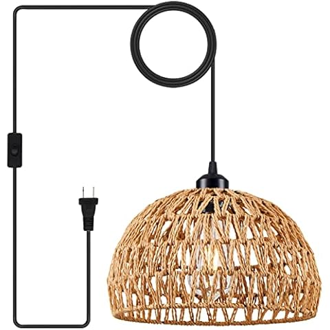 Plug in Pendant Light Rattan Hanging Lamp with 15 Ft Hemp Rope Cord, Hanging Lights with Plug in Cord, Woven Boho Wicker Basket Lamp Shade Plug in Ceiling Light Fixture for Kitchen Island (Brown) Cover