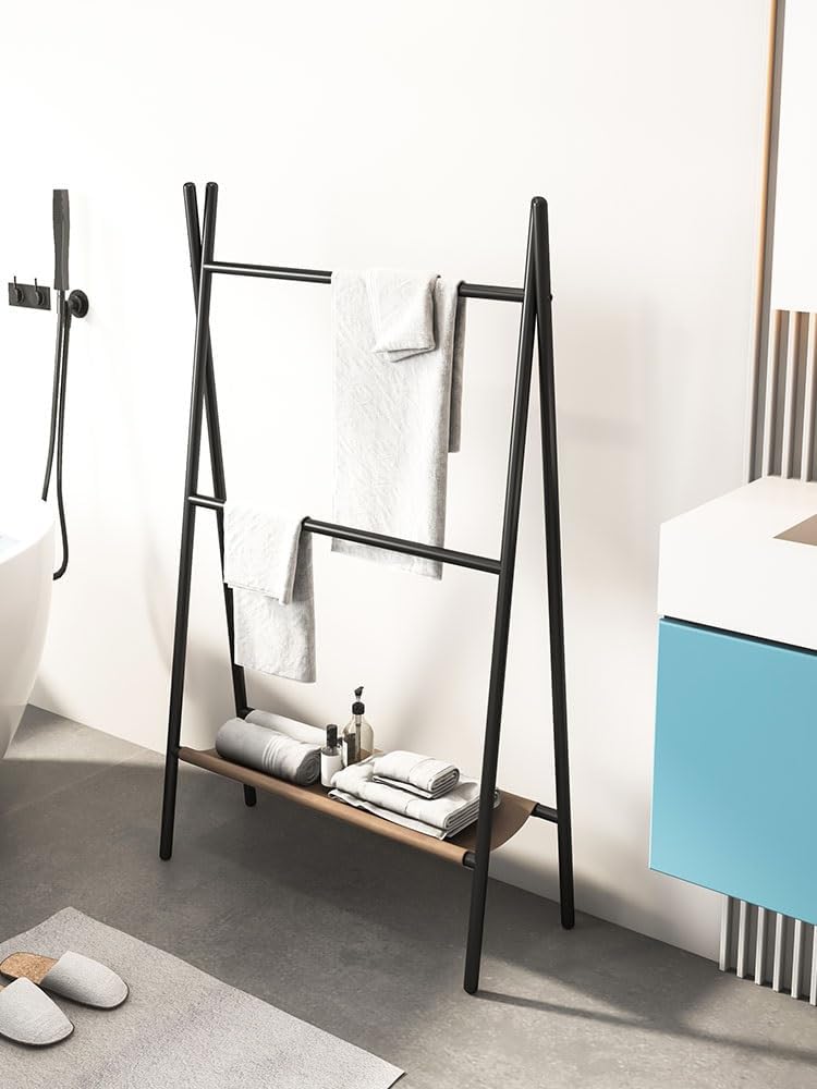 フロアタオルラック 2段タオルラック棚付き金属タオルスタンド自立タオルホルダー浴室用 自立式タオルラック(White)