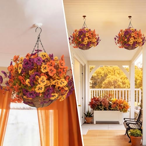 Image of 2 Set Artificial Fall Hanging Flower Baskets for Outdoor Autumn Decor, 2 Fall Hanging Baskets with 24Pcs Silk Fake Mums Plants for Front Porch Garden Patio Balcony Yard Home Decoration