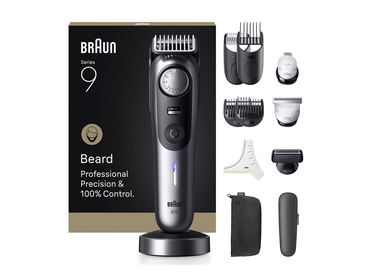 Braun Recortadora de barba de la serie 9, 12 herramientas de barbero, modo Power Boost y ProBlade fiable, 180 minutos, efecto de sombreado, perilla de ajuste PrecisionWheel y bloqueo, BT9560, cromo