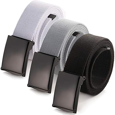 Mile High Life Cut To Fit Canvas Web Belt Size Up to 52" with Flip-Top Solid Black Military Buckle (3 Pack Black/Natural/Gray) Cover