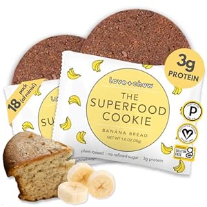 Love + Chew Soft Baked Protein Cookies, Gluten Free | (18) Count Banana Bread Minis | Vegan, Paleo, Non GMO and Packed with Superfoods. – Individually Wrapped, and Made from High Protein Almonds – (1) Ounce Cookies