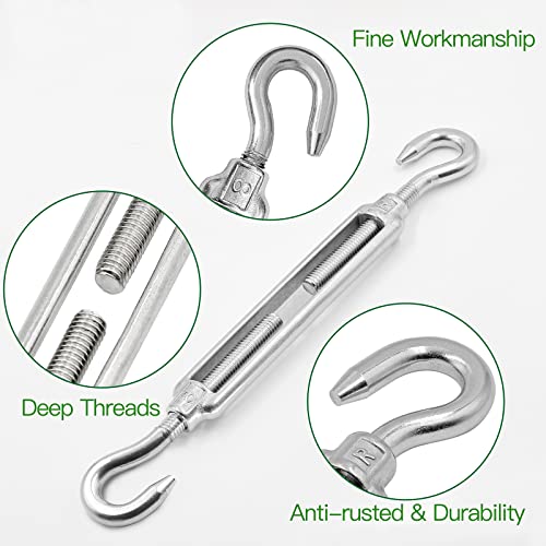 Jamiikury 6Pcs M8 Hook & Hook Turnbuckle 304 Stainless Steel Turnbuckle Wire Rope Tension Heavy Duty Turnbuckles For Cable Railing Wire Rope Hardware Kit (M8, Hook & Hook) #TOP1
