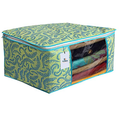 Image of Kuber Industries 45 X 33 X 22 Cm Foldable Saree Covers with Zip|Non Woven Clothes Organiser for Wardrobe | Leaf Print with Transparent Window | Pack Of 3 (Green)