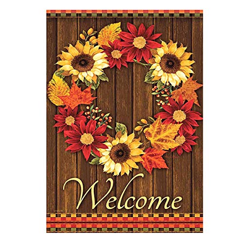 Alaza Welcome Wreath Sunflower Maple Leaves Cabin Double Sided House Flag Garden Banner 28" X 40", Flowers Wreath Summer Spring Autumn Fall Garden Flags For Anniversary Yard Outdoor Decoration #TOP8