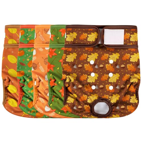 Image of wegreeco Female Dog Diapers, Washable Reusable Pet Puppy Doggie Diapers for Small Medium Large Female Dogs in Heat Period, Doggy Period Panties, 5 Pack, Medium, Autumn Colors Pattern