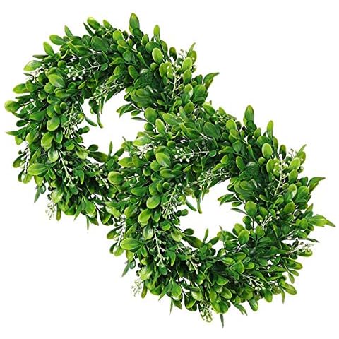 2 Packs Artificial Green Leaves Wreath - 11 inch Artificial Boxwood Wreaths with White Flower for Window Wall Wedding Decor Cover