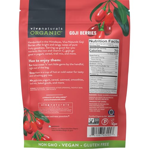 Image of Viva Naturals Organic Dried Goji Berries, 8 oz (227 g) - Non-GMO, Vegan Wolfberries, Perfect for Goji Berry Tea, Smoothies, Baking & Snacking