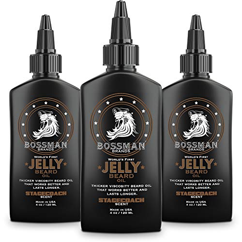 Bossman Jelly Beard Oil - Beard Growth Softener and Moisturizer Care - Larger 4oz, Bottle - 3 Pack Kit - Made in USA (Stagecoach Scent)