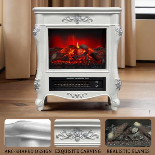 Image of FESTIVITY 18 inch Electric Stove Fireplace, 1500W Thermostat with 5100 BTU Heat Output, Adjustable Flame & Brightness Levels, Portable Electric Fireplace for Bedroom & Living Room-White & Silver